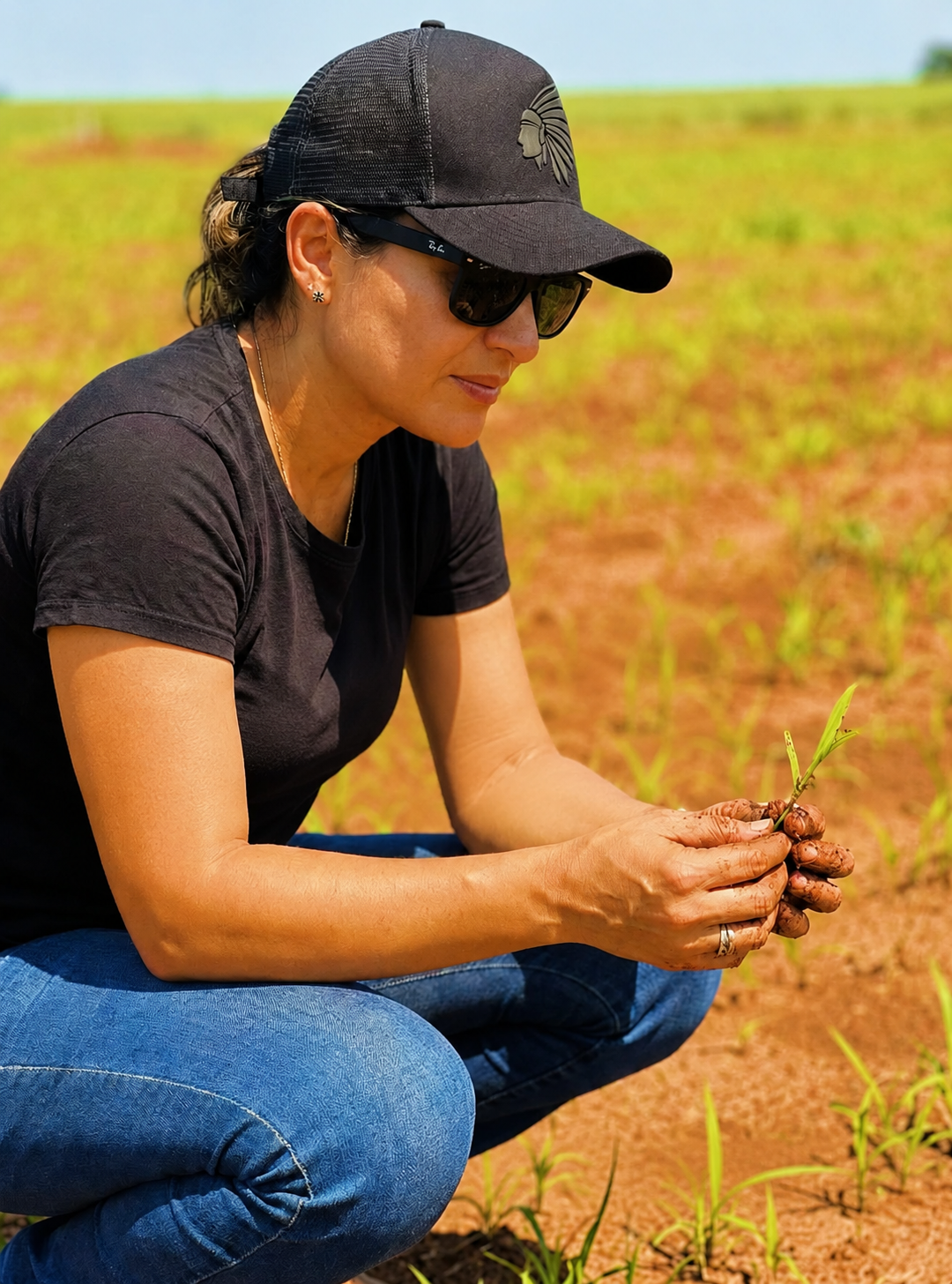 Antonielle Oliveira analisando muda no campo